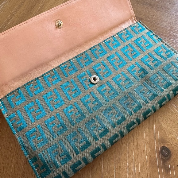 Rare Vintage Fendi Zucca FF Logo Leather & Canvas Continental Wallet Teal - Picture 7 of 11